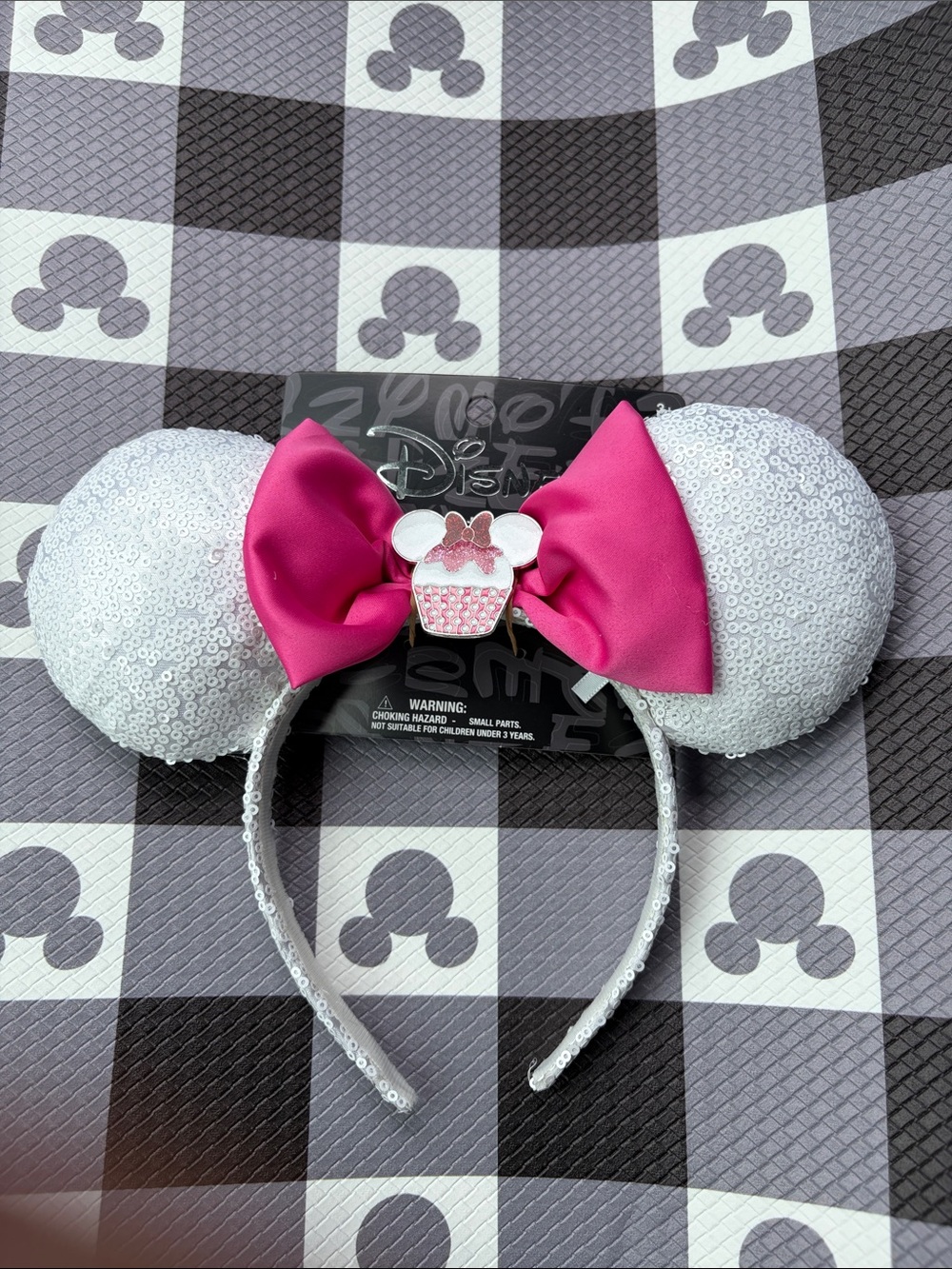 Disney Aldi White Sequin Minnie Ears with Hot Pink Bow and Cupcake Charm
